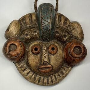 Vintage Aztec Mayan Style Terracotta Clay Mexican Tribal Warrior Face Mask